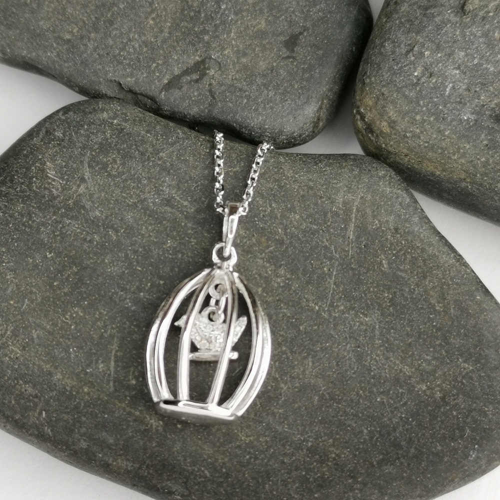 Bird in a Cage Sterling Silver CZ pendant necklace